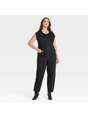 Universal Thread Women's 12 Sleeveless Denim Jumpsuit Black Front Zipper P0594